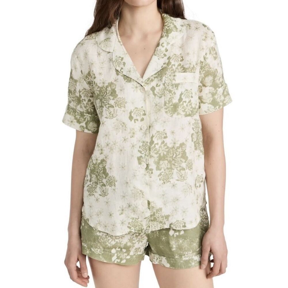 DESMOND & DEMPSEY Short Sleeve Pj Set XS Flowers Of Time Linen Sage Green NWT